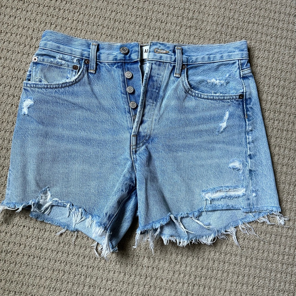 Agolde Blue Jean Shorts with Frayed Hem
